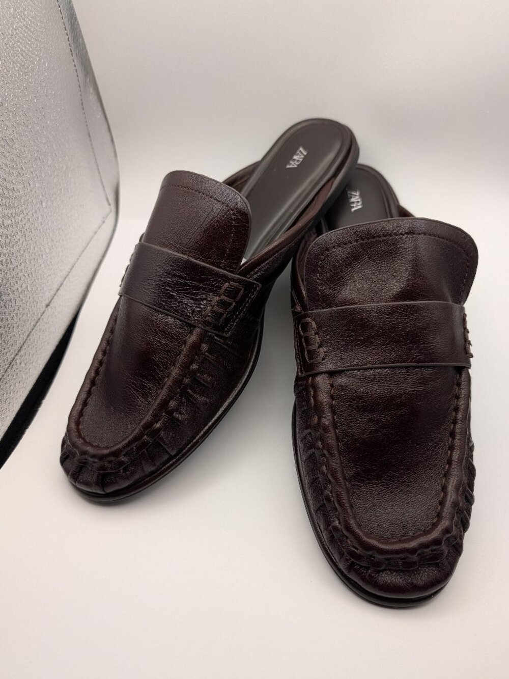 Brown Zara Leather Mule Loafers Womens 9